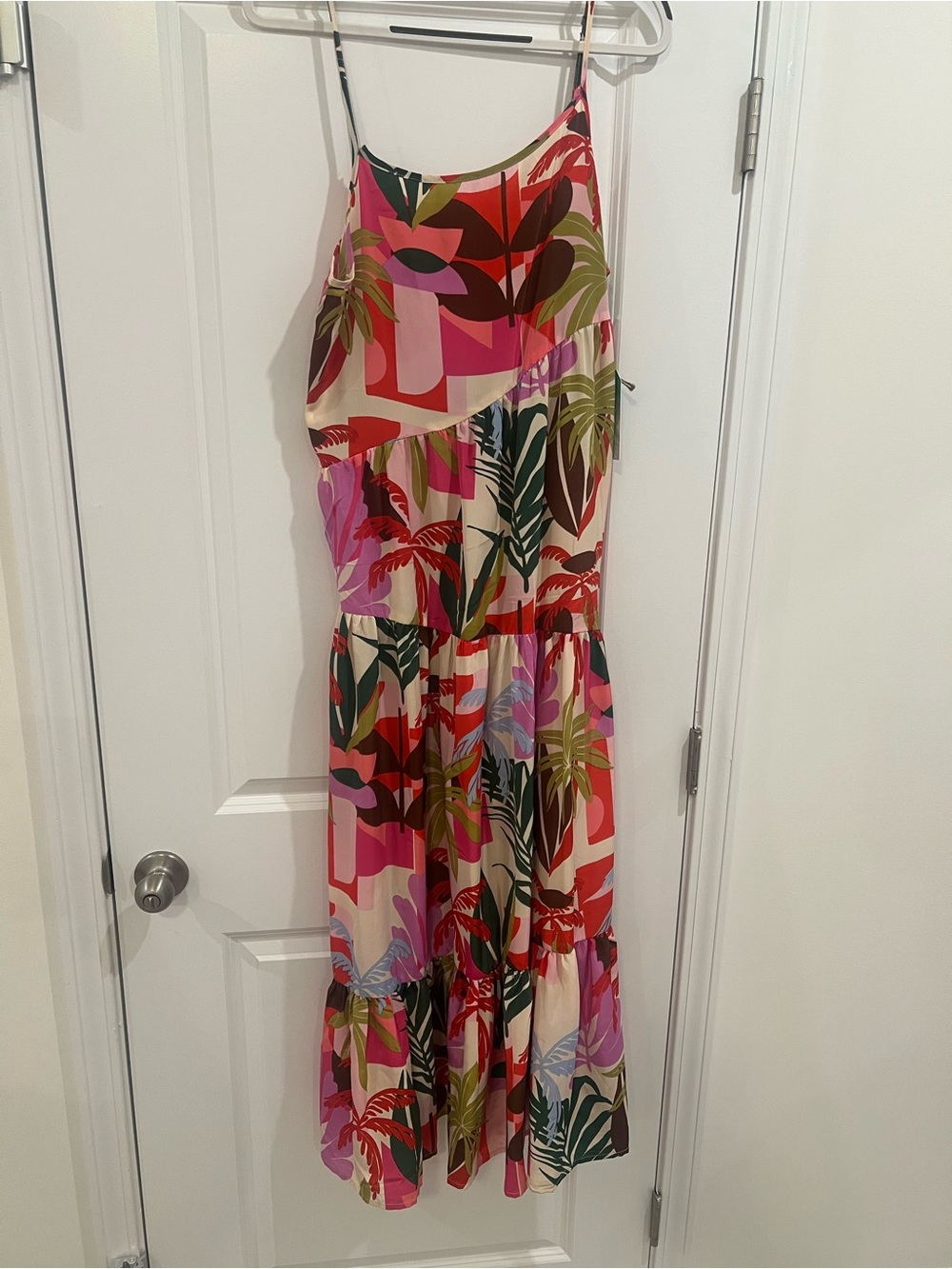 Tropical Print Tiered Maxi Dress in Pink and Red